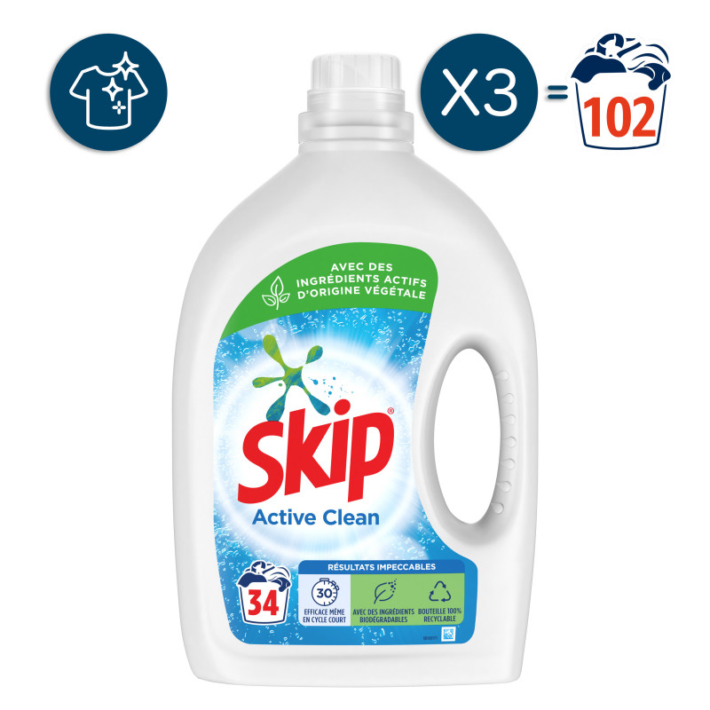 3x34 lavages Lessive liquide Skip Active Clean Résultats impeccables (102 lavages)