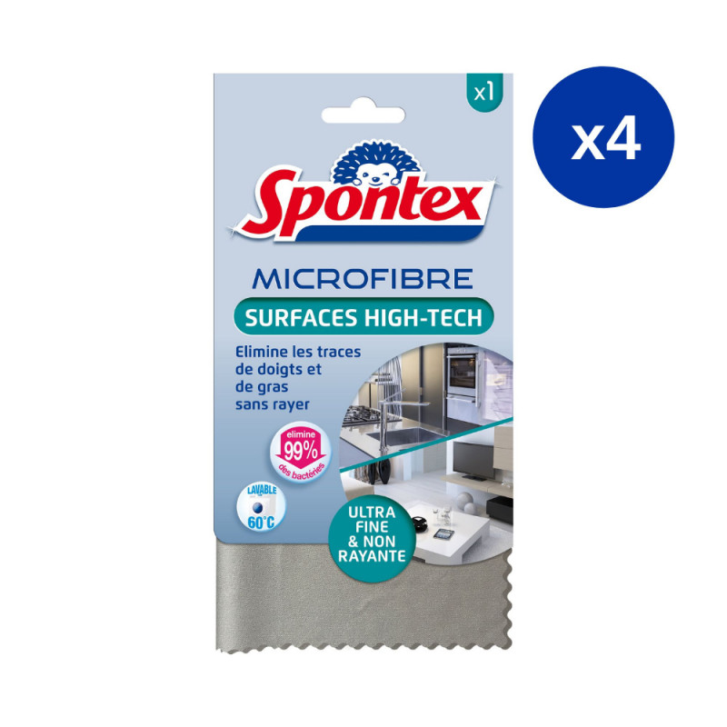 Pack de 4 - Spontex - 1 Lavette Microfibre Surfaces High-Tech