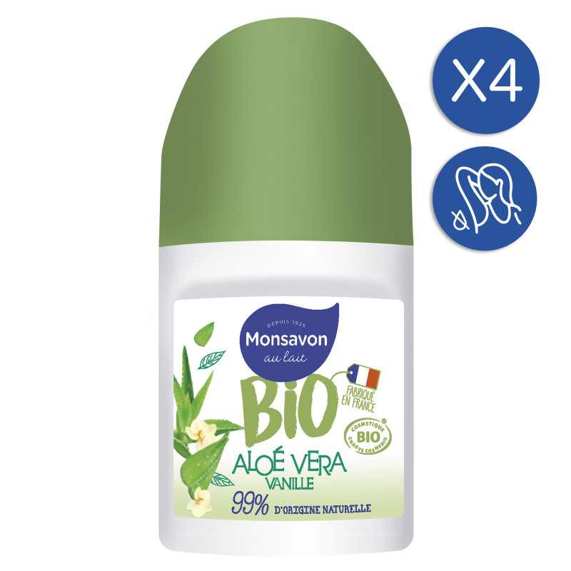 4x50ml Déodorants Billes Monsavon Bio Aloe Vera Vanille Vegan et Ecocert (Lot de 4x50ml )