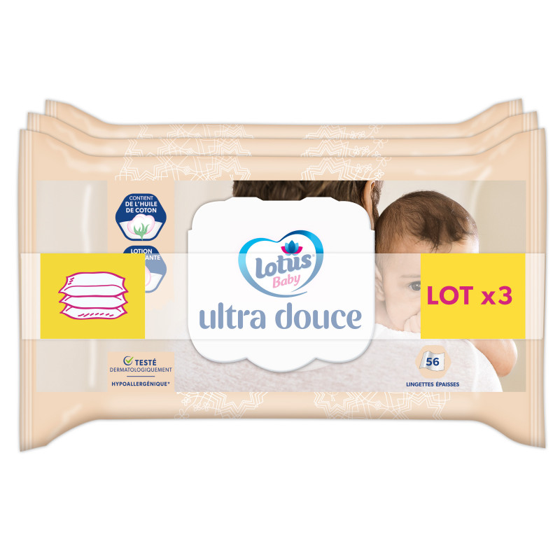 3 paquets de 56 Lingettes Lotus Baby Ultra Douce