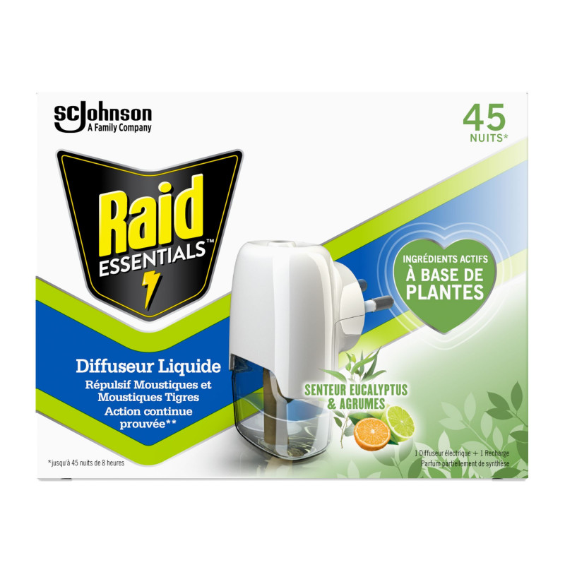 RAID ESSENTIALS ELECTRIQUE LIQUIDE DIFFUSEUR REPULSIF MOUSTIQUES EUCALYPTUS & AGRUMES 45 NUITS