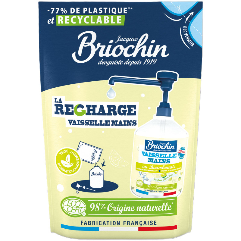 Pack de 10 - JACQUES  BRIOCHIN - Recharge Liquide Vaisselle Mains Bicarbonate de soude & Citron vert Ecocert 450ml