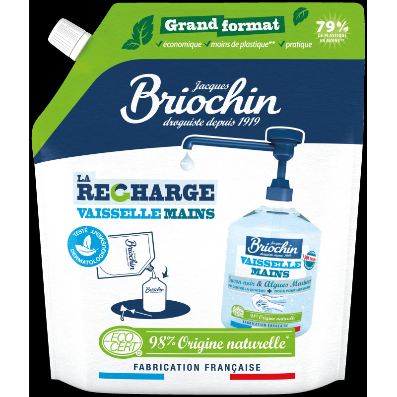 Pack de 8 - JACQUES  BRIOCHIN - Recharge Liquide Vaisselle Mains Savon noir & Algues Marines Ecocert 900ml