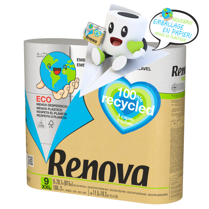 Renova - Pack de 8 Paquets de 9 Rouleaux Papier Hygiénique 100% Recycled