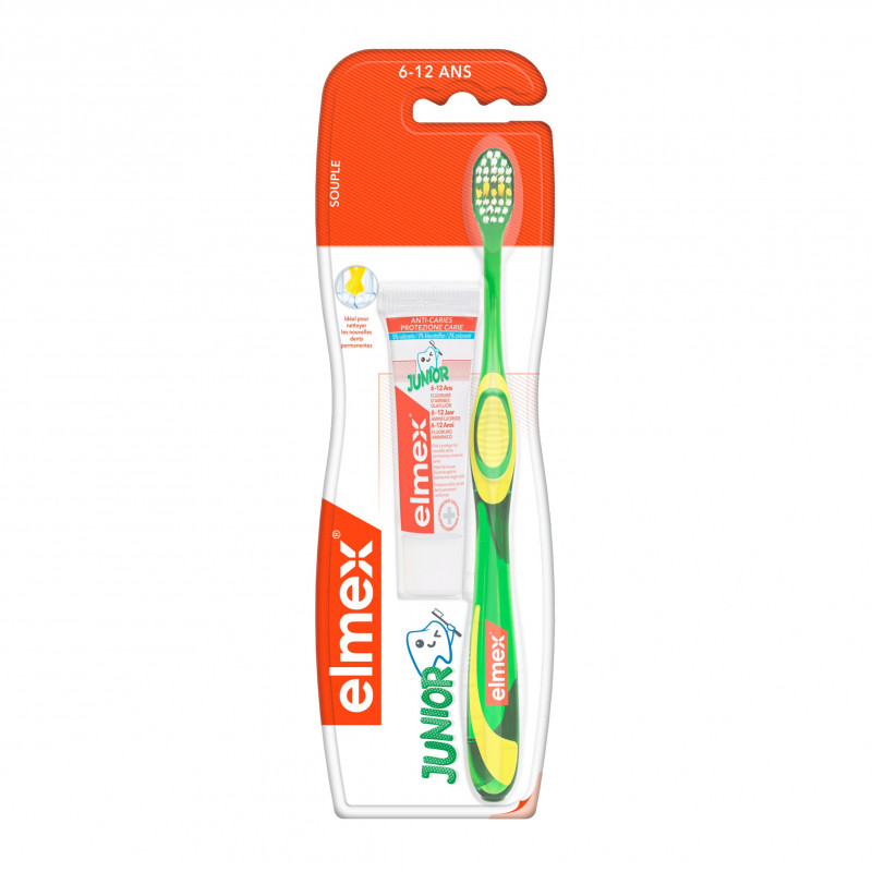 Brosse à dents souple elmex® Anti-Caries Junior 6-12 ans & Dentifrice 12ml