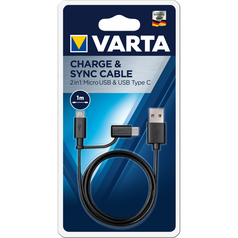 Varta - Cable de charge & Sync. Pour smartphone 2 en 1 Micro USB & Type C - longeur 1 mètre